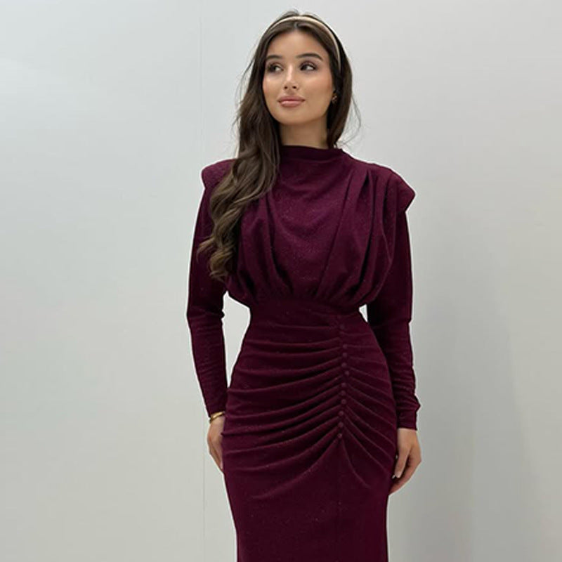 Women's Pleated Waist Tight Dark Red Elegant Dress