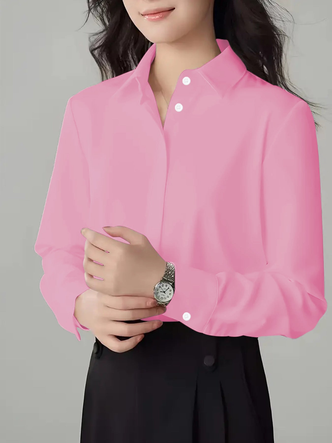 Women's Polo Collar Solid Color Professional White Long-sleeved Blouse