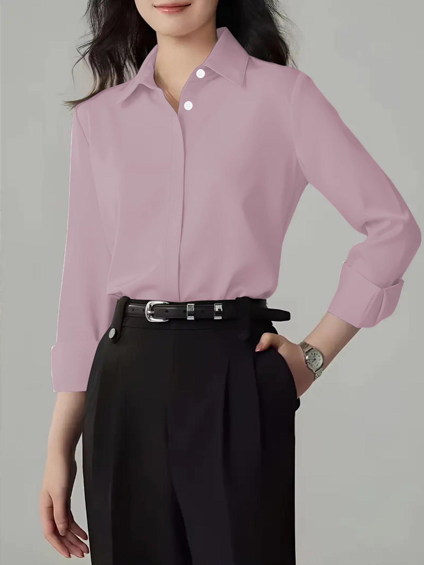 Women's Polo Collar Solid Color Professional White Long-sleeved Blouse