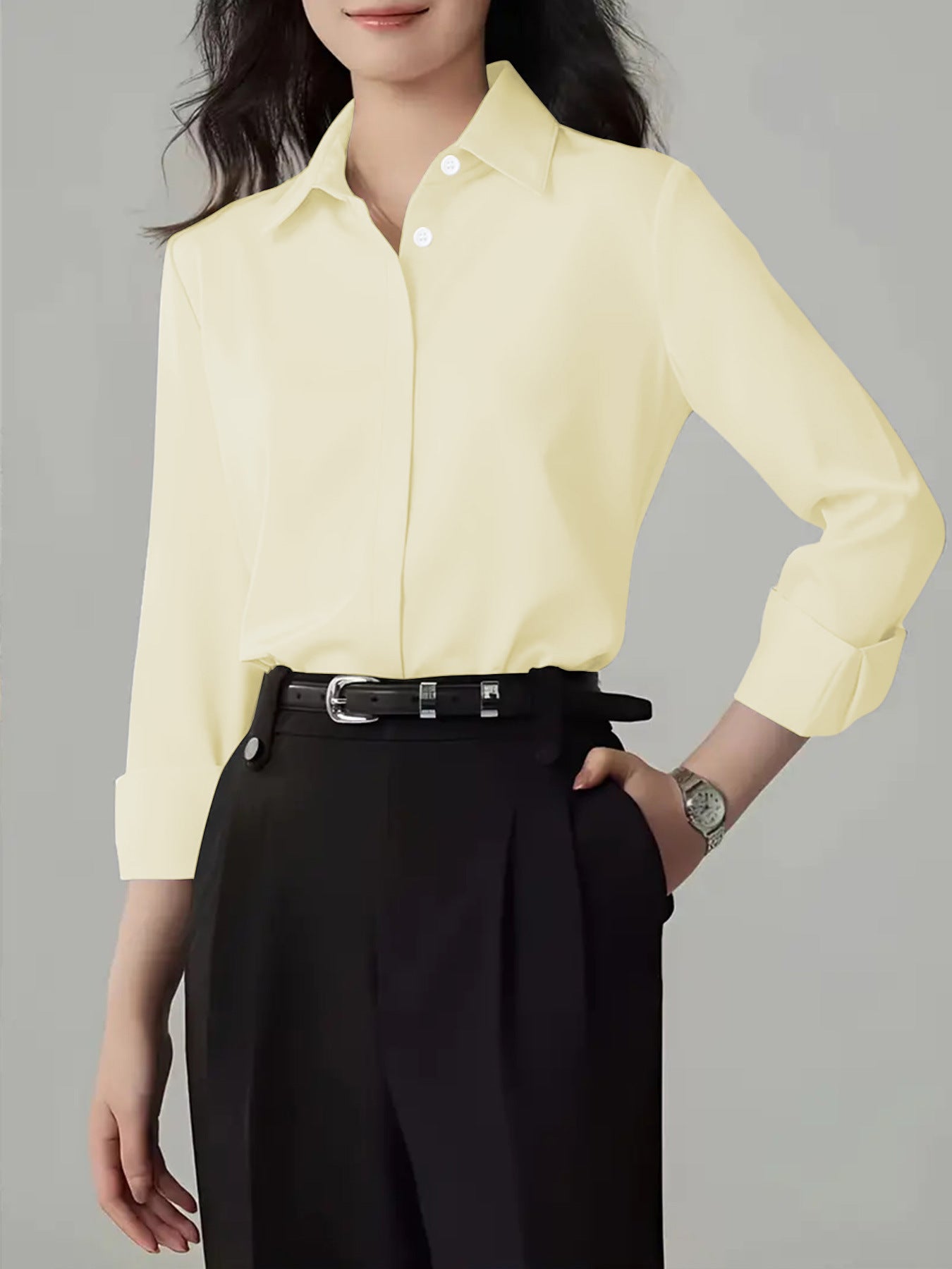 Women's Polo Collar Solid Color Professional White Long-sleeved Blouse