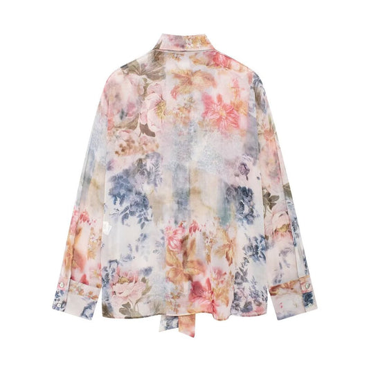 Women's French Style Bow Printed Shirt Casual Blouse