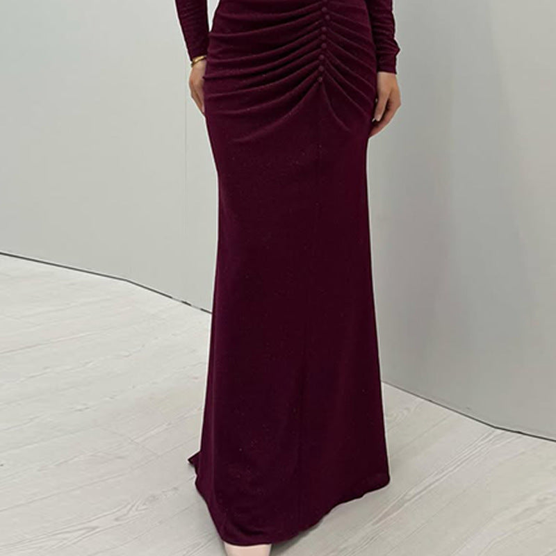 Women's Pleated Waist Tight Dark Red Elegant Dress