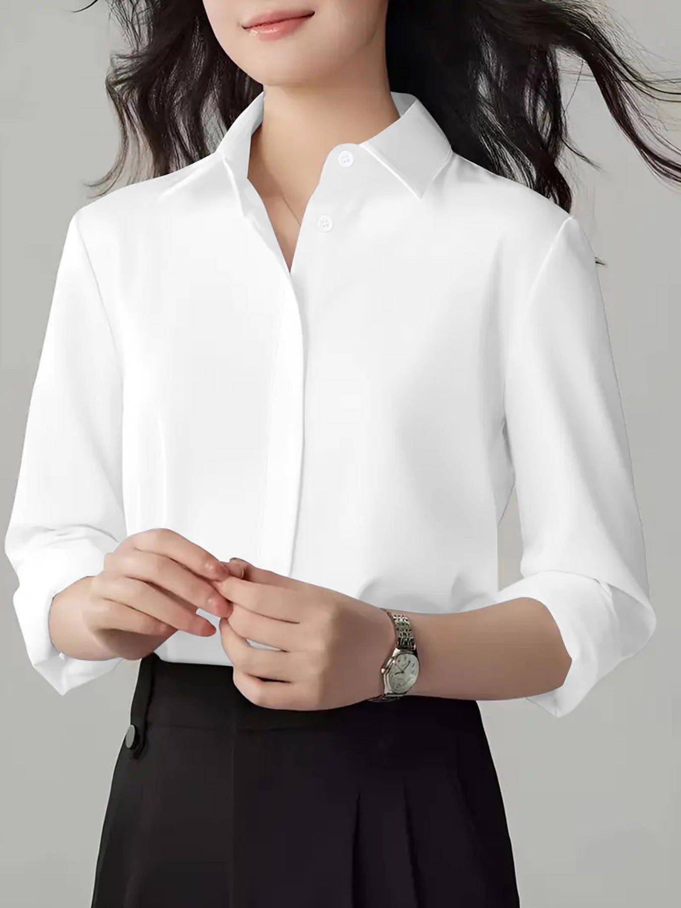 Women's Polo Collar Solid Color Professional White Long-sleeved Blouse