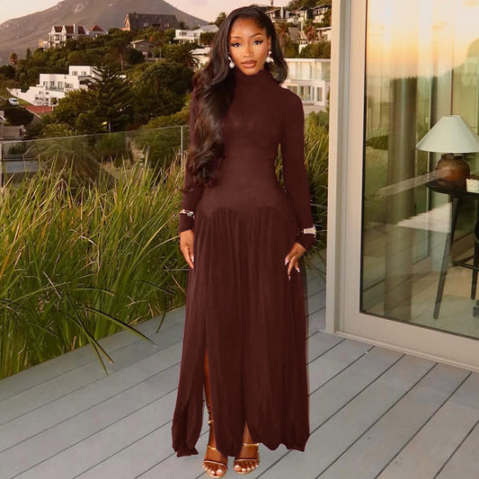 Women's Color Pleated Elegant Hip High Collar Slim Fit Long Sleeves Skirts