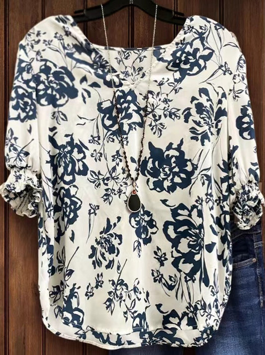 Women's Flower Fashion Sleeve Shirt Temperament Printed Blouse