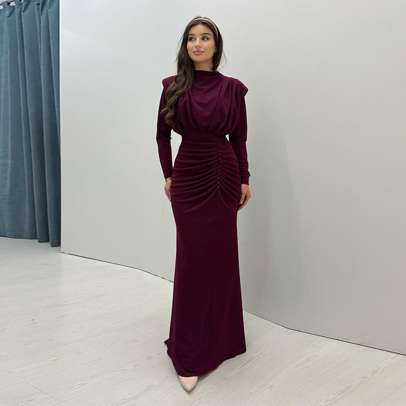 Women's Pleated Waist Tight Dark Red Elegant Dress