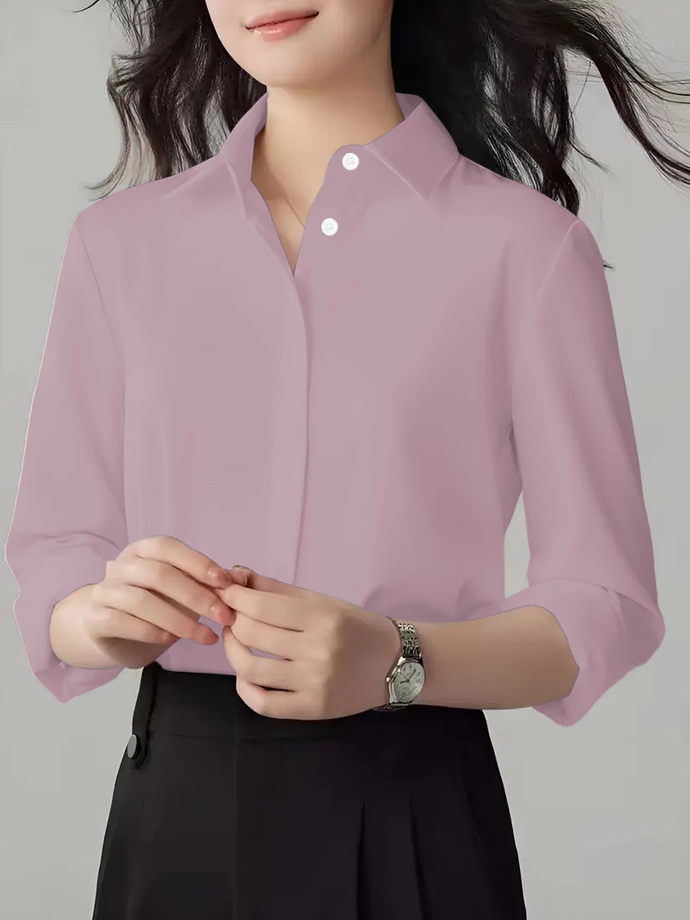 Women's Polo Collar Solid Color Professional White Long-sleeved Blouse
