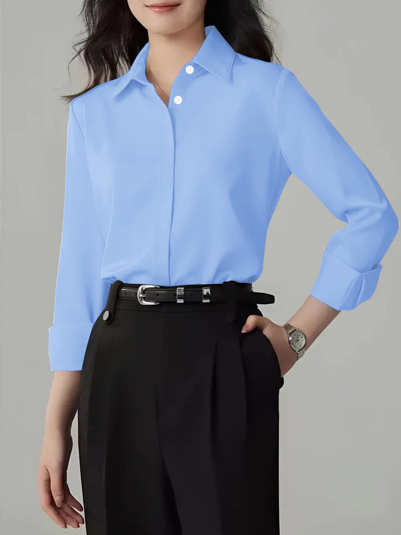 Women's Polo Collar Solid Color Professional White Long-sleeved Blouse
