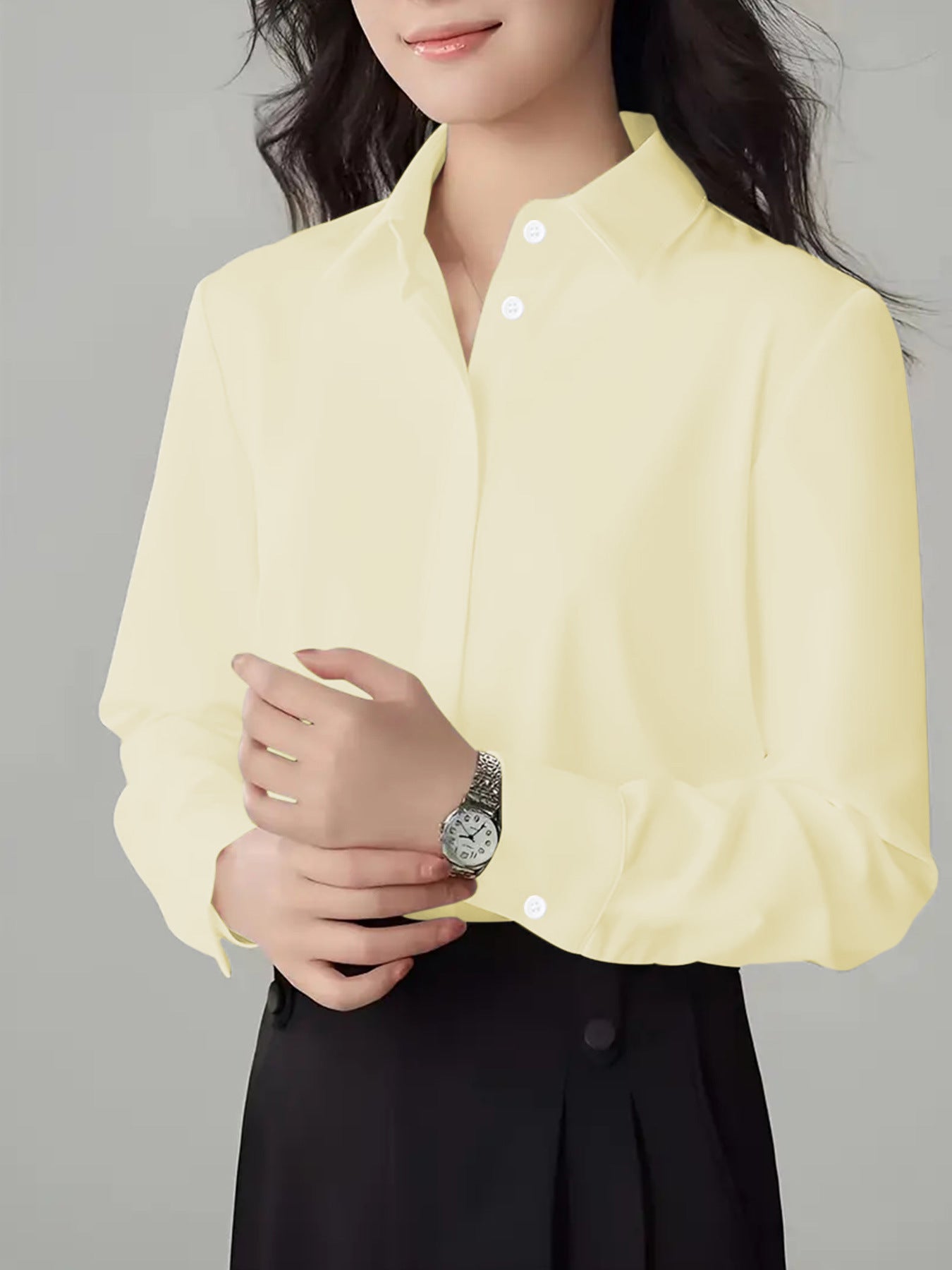 Women's Polo Collar Solid Color Professional White Long-sleeved Blouse