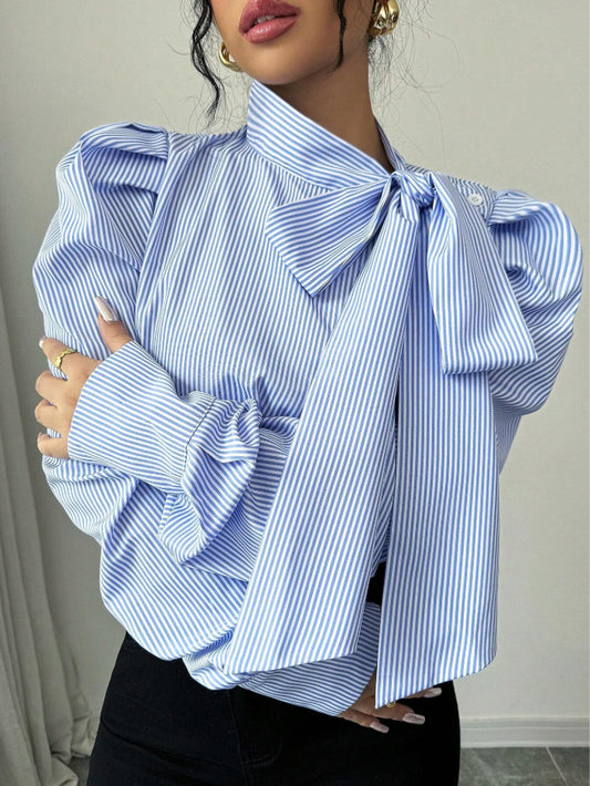 Women's Spring Striped Casual Long-sleeved Shirt Ribbon Puff Blouse