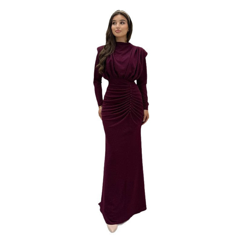 Women's Pleated Waist Tight Dark Red Elegant Dress