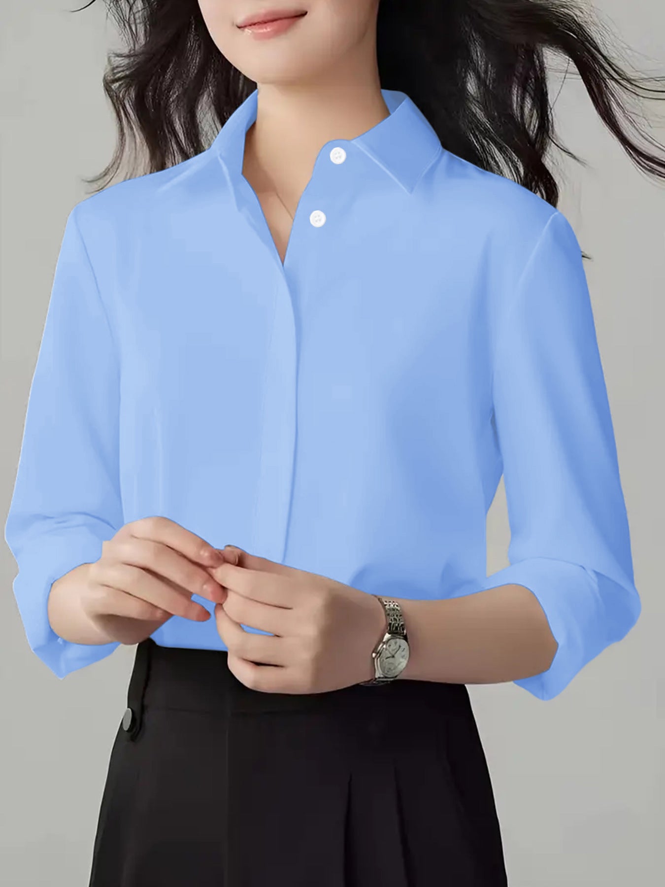 Women's Polo Collar Solid Color Professional White Long-sleeved Blouse