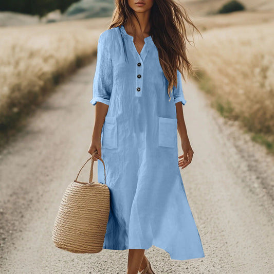 Bohemian Holiday Cotton Linen Style Pocket Dress