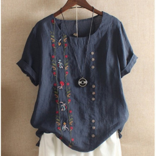Women's Retro Cotton Linen Embroidered Loose Short-sleeved Casual Blouse